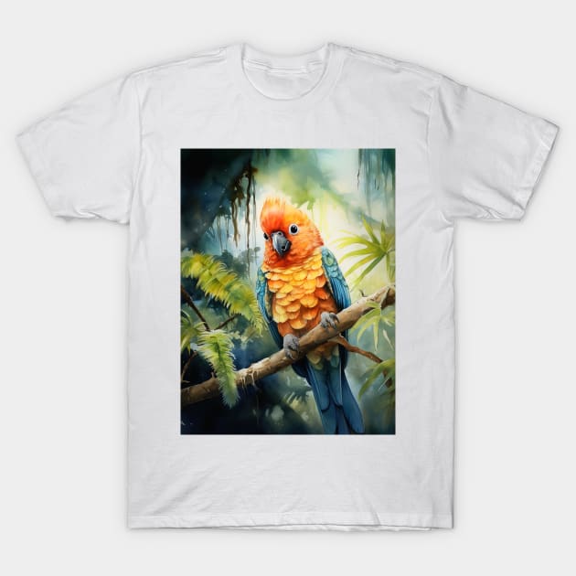 Colorful Avian Companion Perched on Tropical Tree Amidst Greenery T-Shirt by Maverick Media